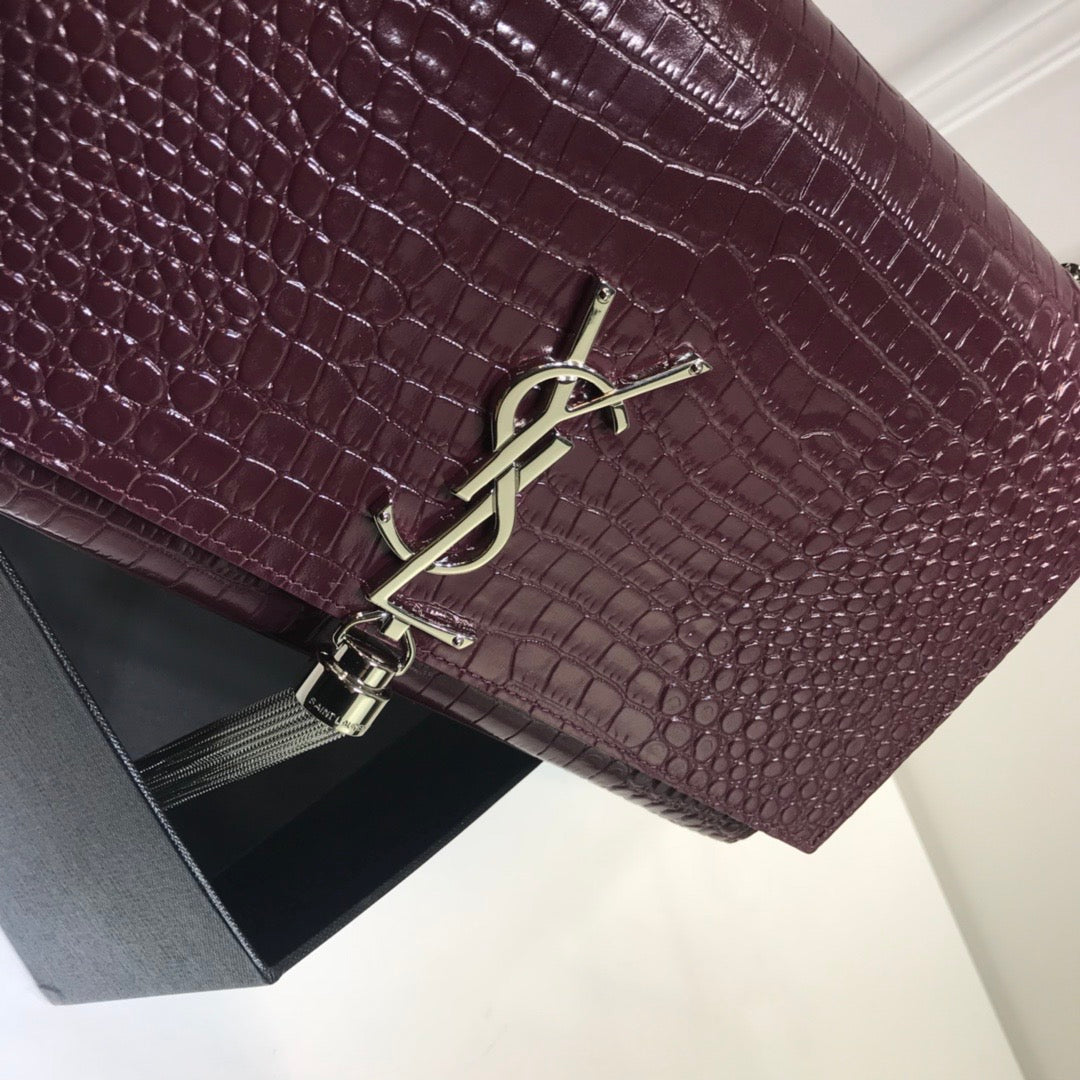 YSSL Kate Medium Chain Bag With Tassel In Embossed Crocodile Dark Violet For Women 9.4in/24cm YSL