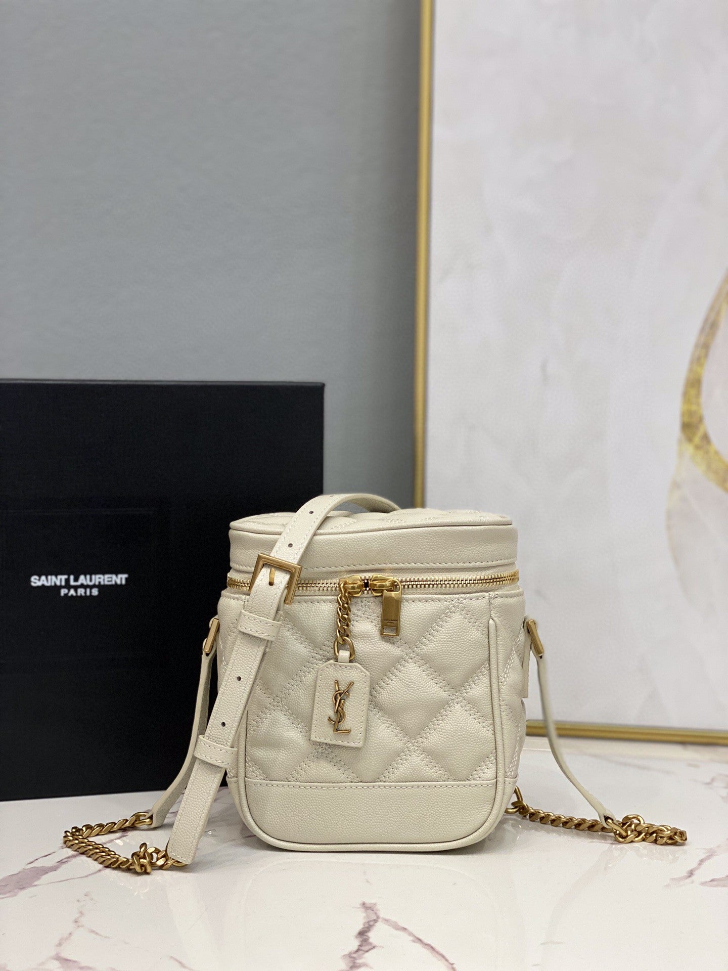 YSSL 80&#8217;s Vanity Bag In Carré-Quilted Grain De Poudre White For Women 6.4in/16.5cm YSL 649779DME279207