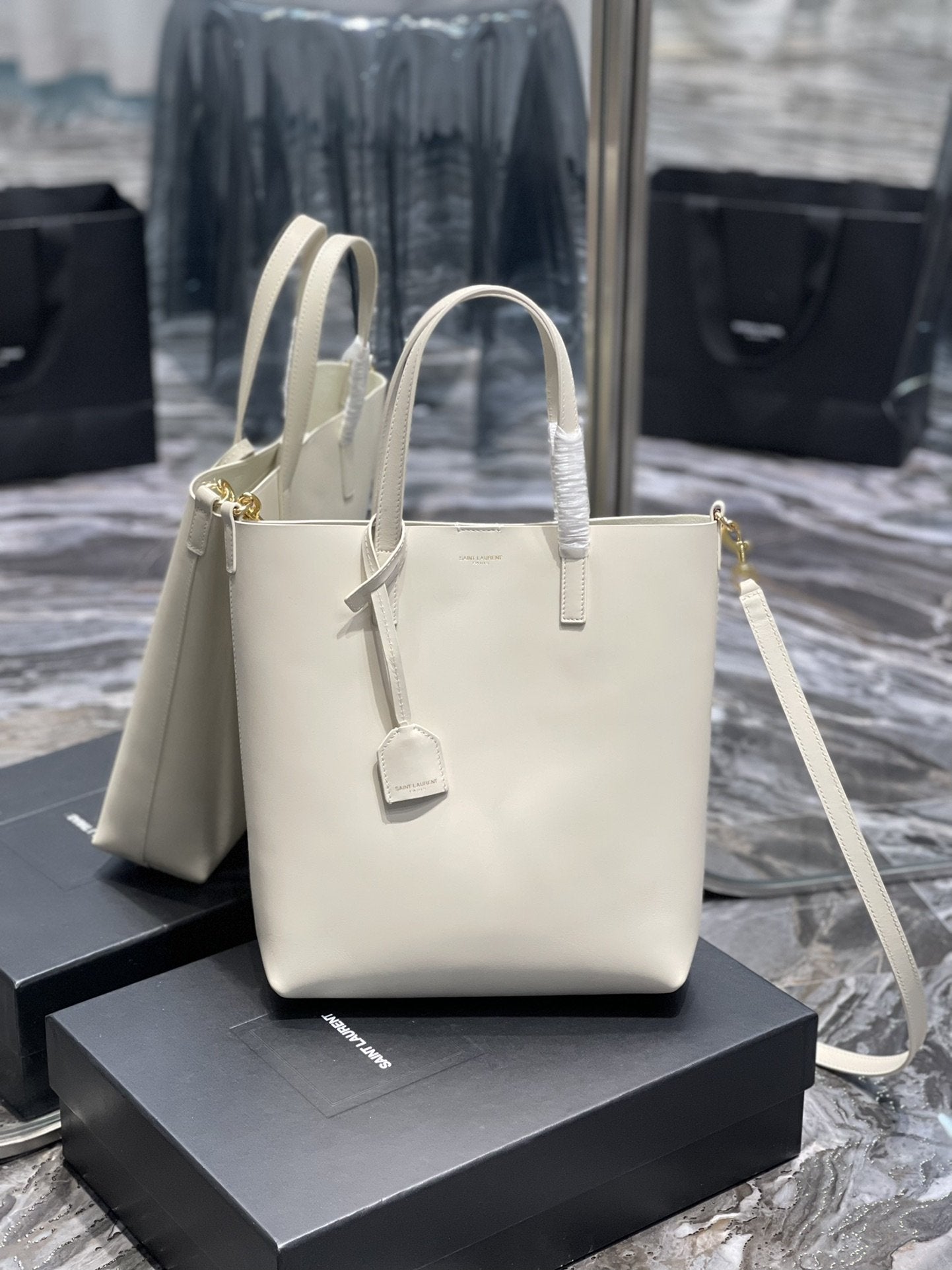 YSSL Shopping Bag White Toy In Supple For Women 11in/28cm YSL 600307CSV0J9207