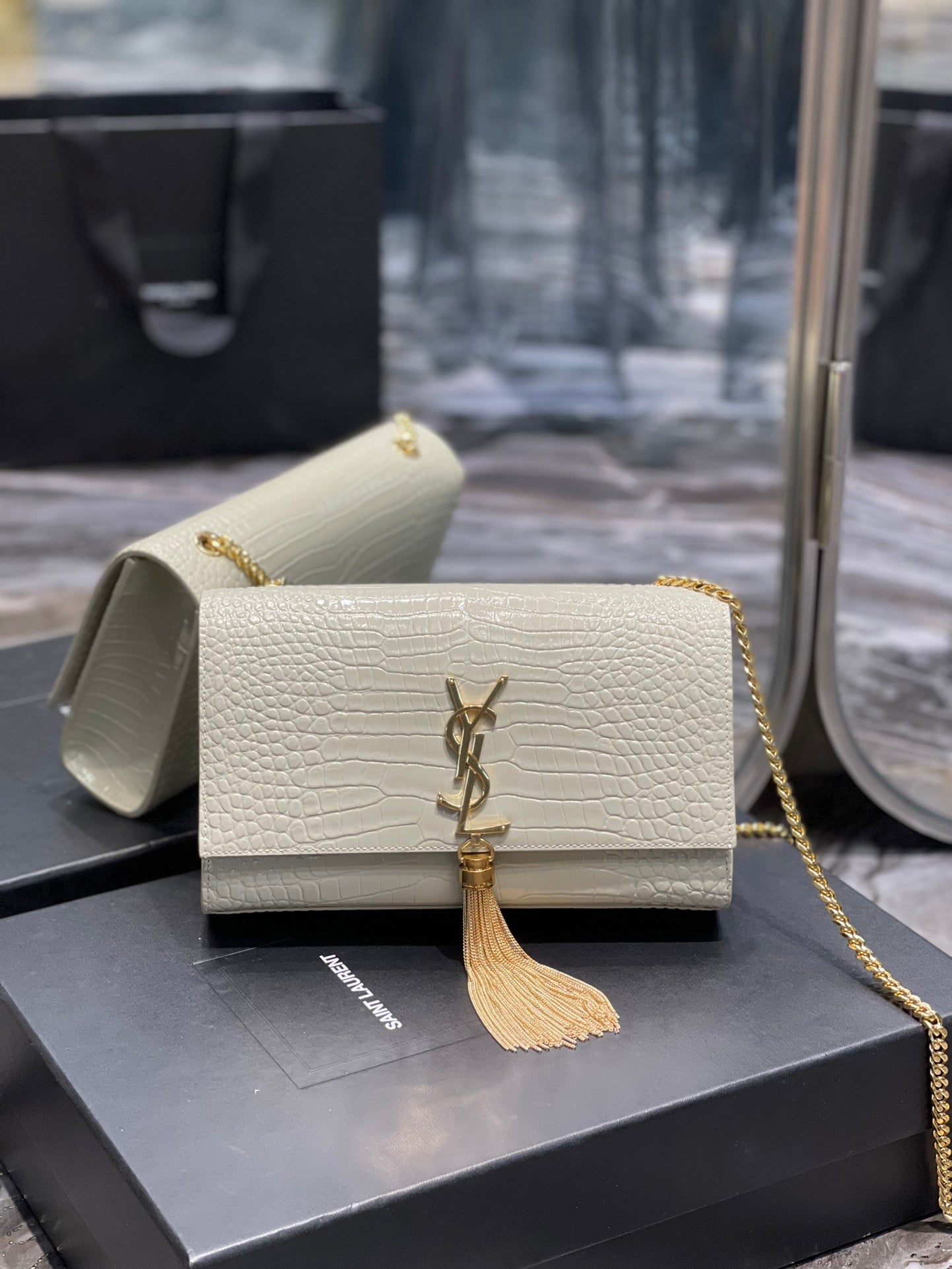 YSSL Kata Medium Chain Bag White Vintage With Tassel For Women 9.4in/24cm YSL 354119DND0J9207