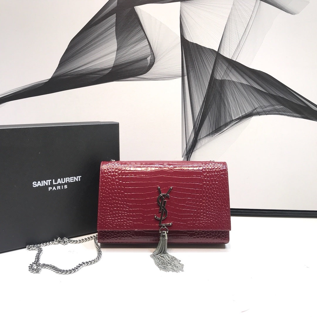 YSSL Kate Medium Chain Bag With Tassel In Embossed Crocodile Burgundy For Women 9.4in/24cm YSL