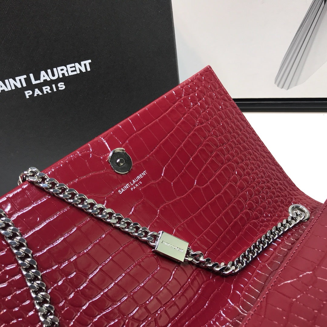 YSSL Kate Medium Chain Bag With Tassel In Embossed Crocodile Burgundy For Women 9.4in/24cm YSL