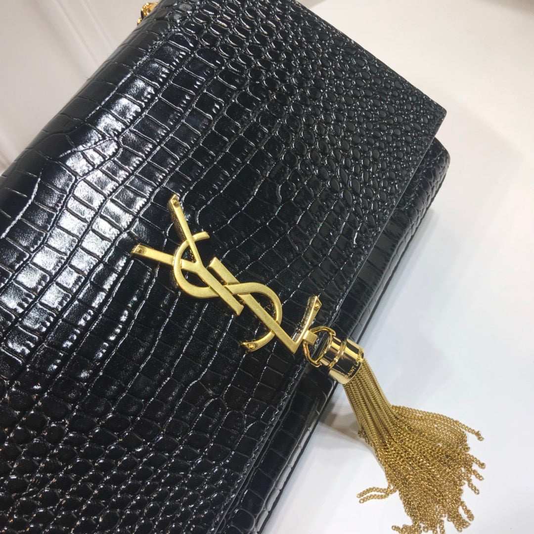 YSSL Kate Medium Chain Bag With Tassel In Embossed Crocodile Black For Women 9.4in/24cm YSL 354119DND0J1000