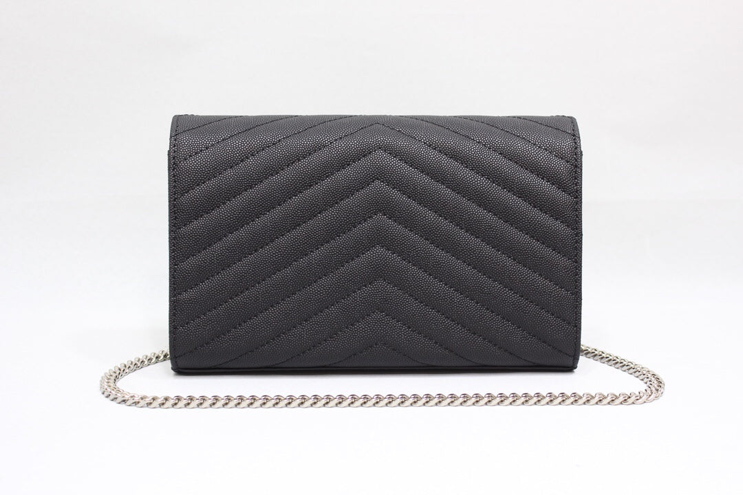 YSSL Cassandre Matelassé Chain Wallet In Grain De Poudre Embossed Black For Women 8.8in/23cm YSL 377828BOW021000