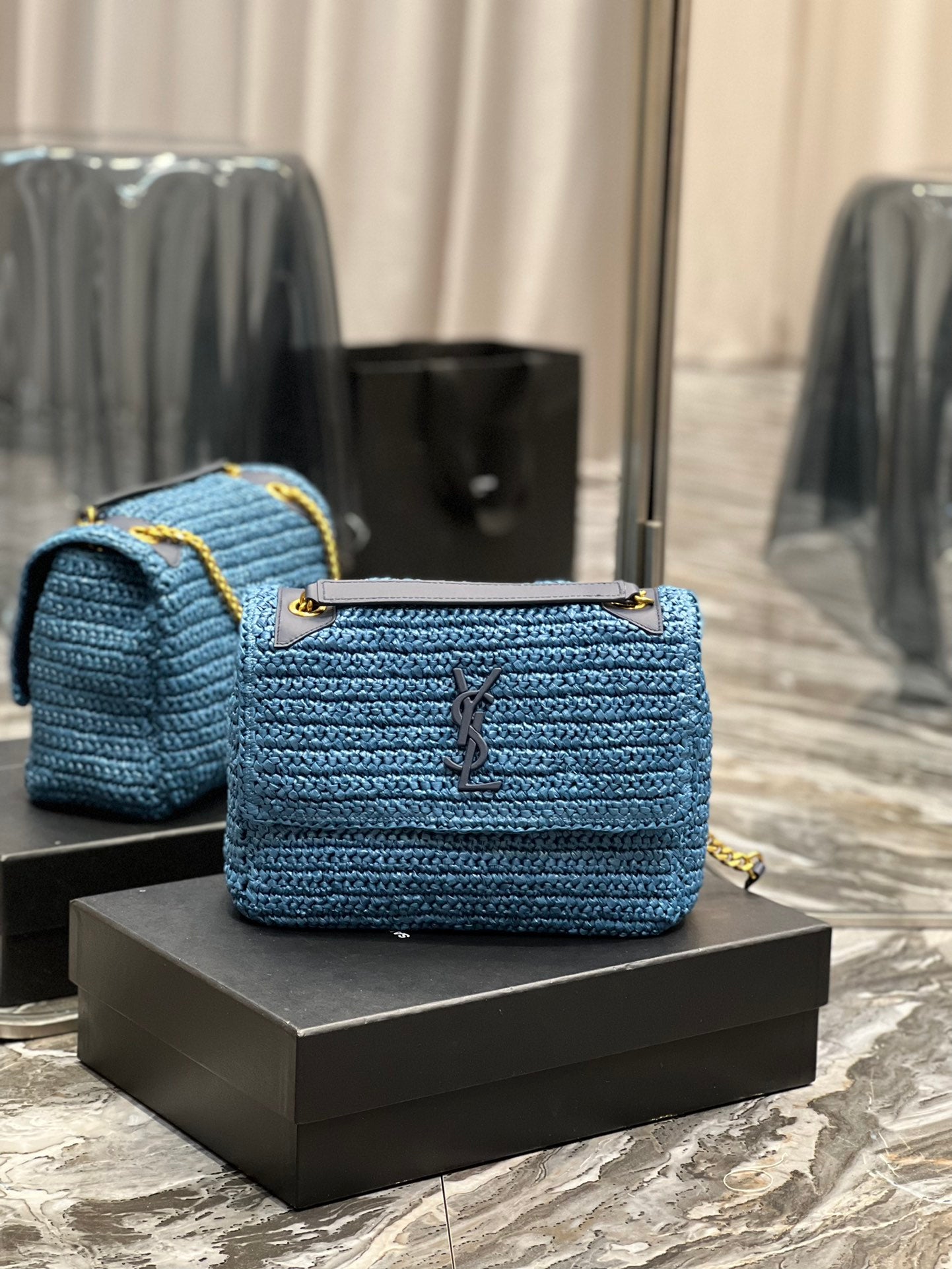 YSSL Niki Medium Chain Bag In Rafia For Women 11in/28cm Blue YSL 633187Gucci66W4246