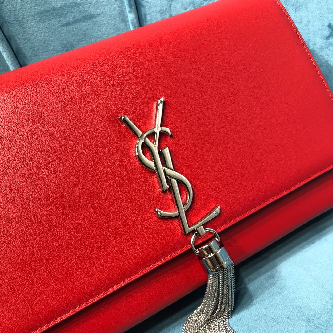 YSSL Kate Medium Chain Bag With Tassel In Grain De Poudre Red For Women 9.4in/24cm YSL