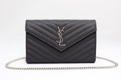 YSSL Cassandre Matelassé Chain Wallet In Grain De Poudre Embossed Black For Women 8.8in/23cm YSL 377828BOW021000