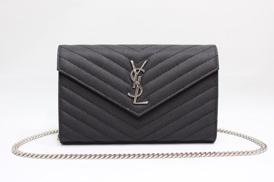 YSSL Cassandre Matelassé Chain Wallet In Grain De Poudre Embossed Black For Women 8.8in/23cm YSL 377828BOW021000