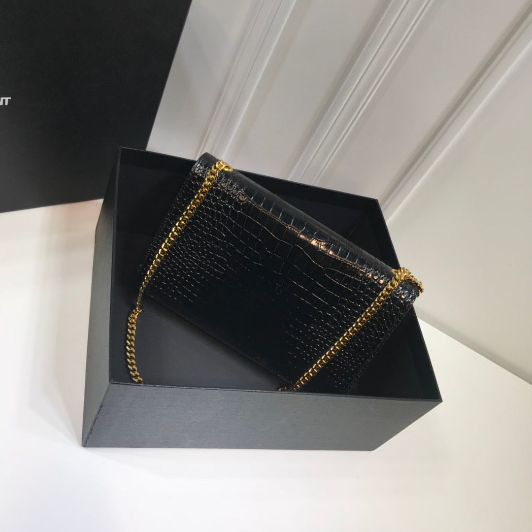 YSSL Kate Medium Chain Bag With Tassel In Embossed Crocodile Black For Women 9.4in/24cm YSL 354119DND0J1000