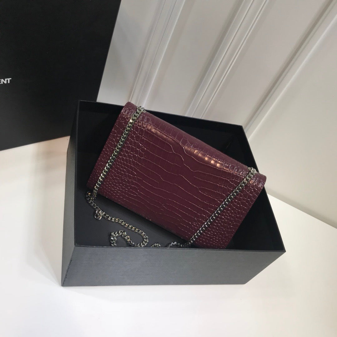 YSSL Kate Medium Chain Bag With Tassel In Embossed Crocodile Dark Violet For Women 9.4in/24cm YSL