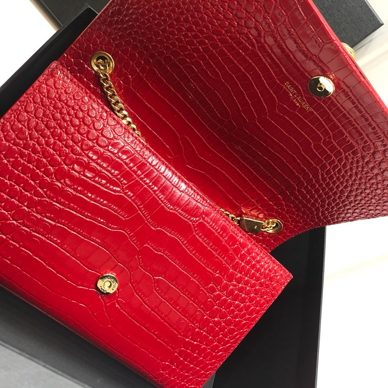 YSSL Kate Medium Chain Bag With Tassel In Embossed Crocodile Red For Women 9.4in/24cm YSL