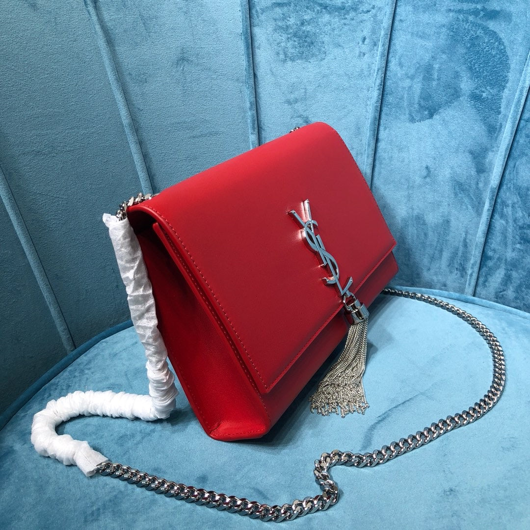 YSSL Kate Medium Chain Bag With Tassel In Grain De Poudre Red For Women 9.4in/24cm YSL