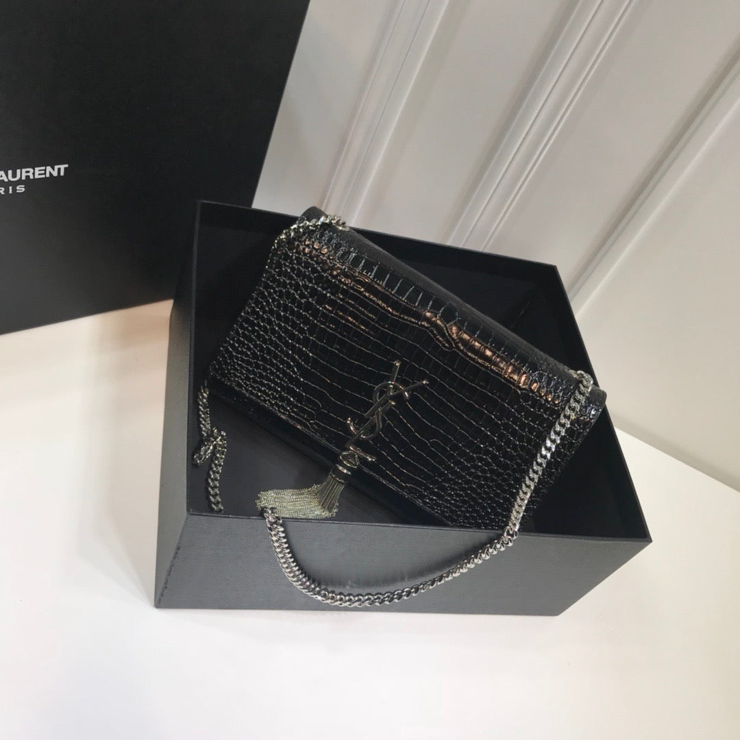 YSSL Kate Medium Chain Bag With Tassel In Embossed Crocodile Black For Women 9.4in/24cm YSL 354119DND0N1000