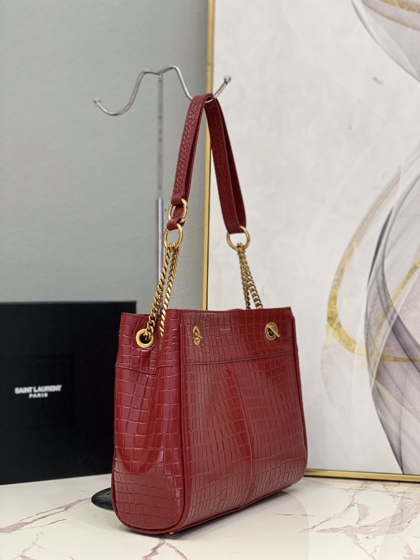 YSSL Claude-Effect Tote Bag Red For Women 11in/28cm YSL 64028116J0W