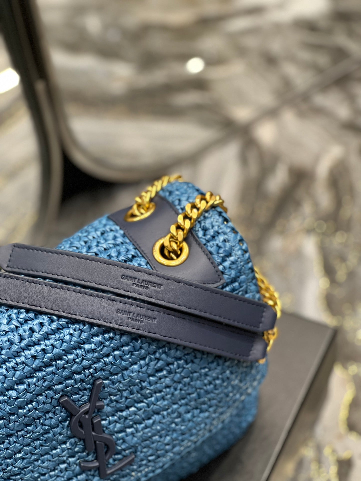 YSSL Niki Medium Chain Bag In Rafia For Women 11in/28cm Blue YSL 633187Gucci66W4246