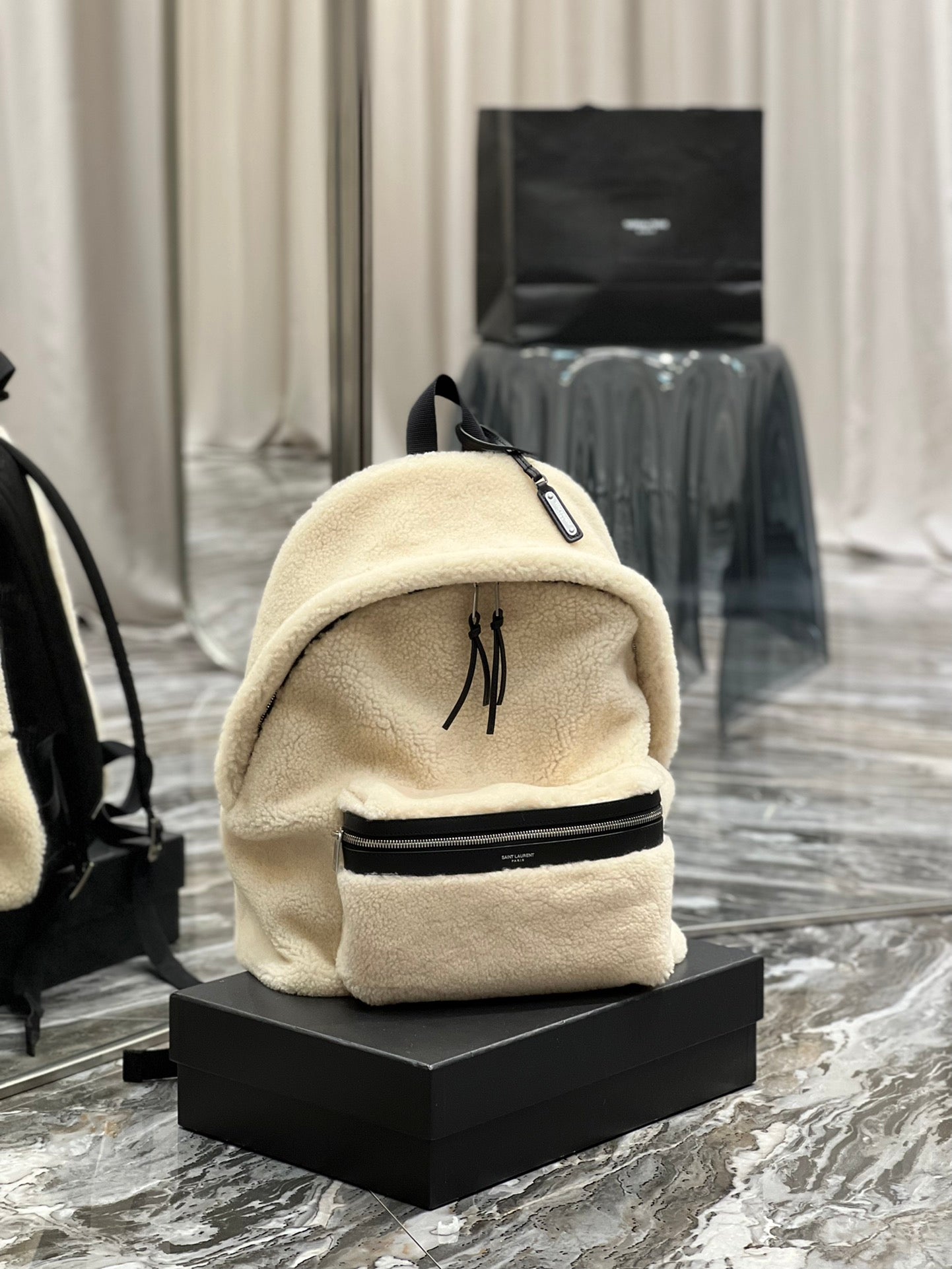 YSSL Fleece Backpack Beige For Women, Women&#8217;s Bags 16.1in/41cm YSL