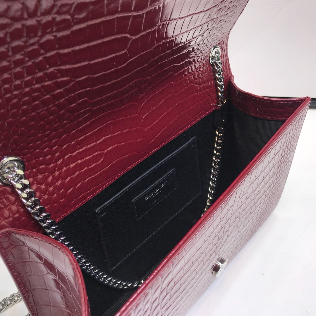 YSSL Kate Medium Chain Bag With Tassel In Shiny-Embossed Burgundy For Women 9.4in/24cm 