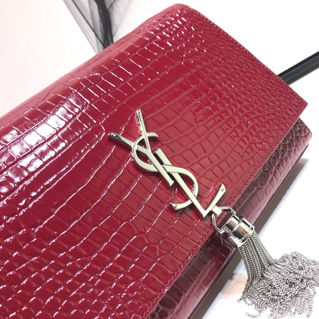 YSSL Kate Medium Chain Bag With Tassel In Shiny-Embossed Burgundy For Women 9.4in/24cm 