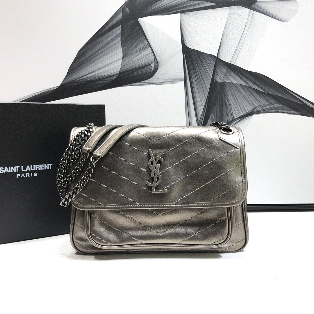 YSSL Niki Medium Chain Bag In Crinkled Vintage Silver For Women 11in/28cm YSL 