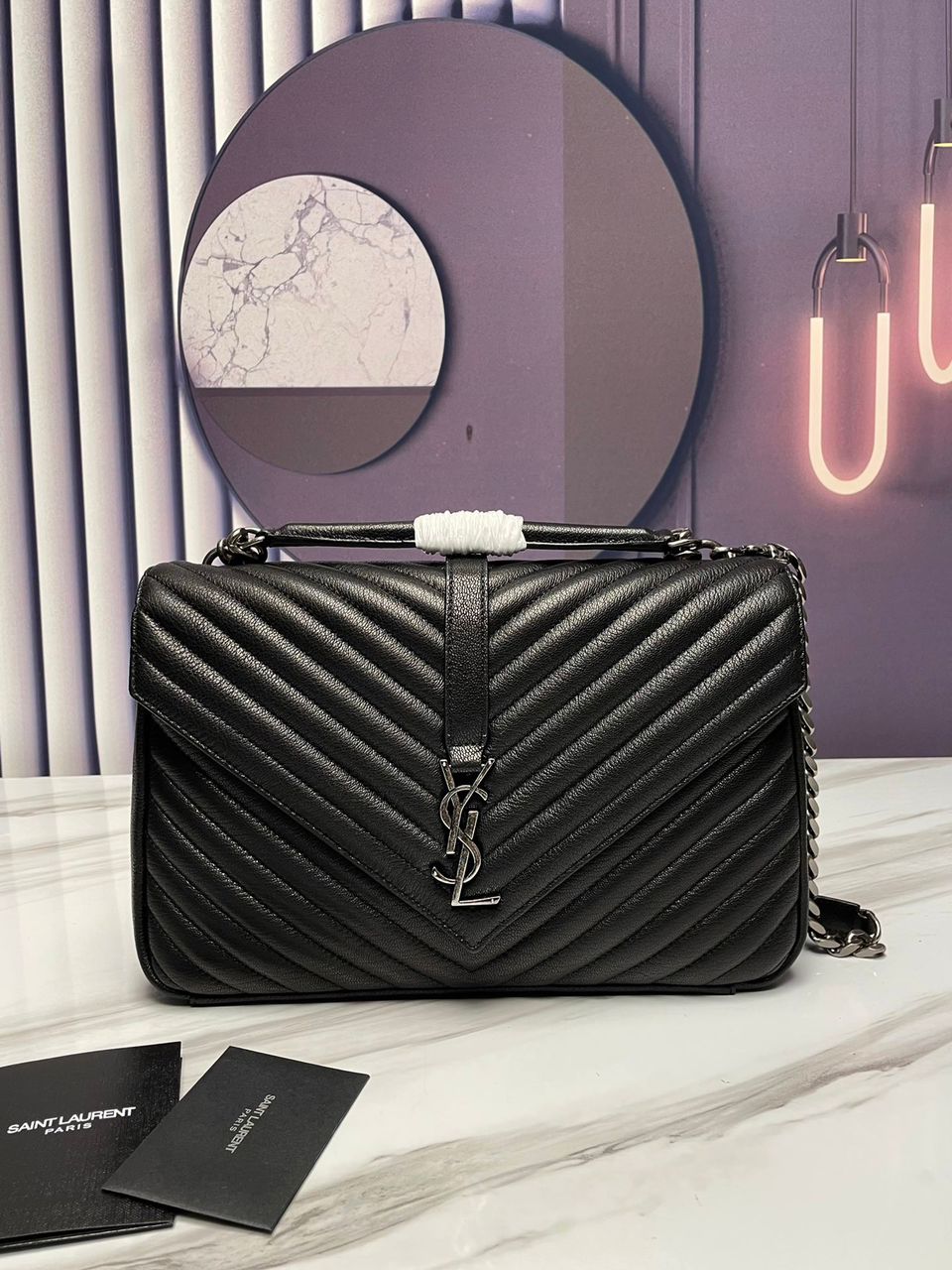 YSSL College Large Chain Bag Black With Silver Toned Hardware For Women 12.6in/32cm YSL 600278BRM041000