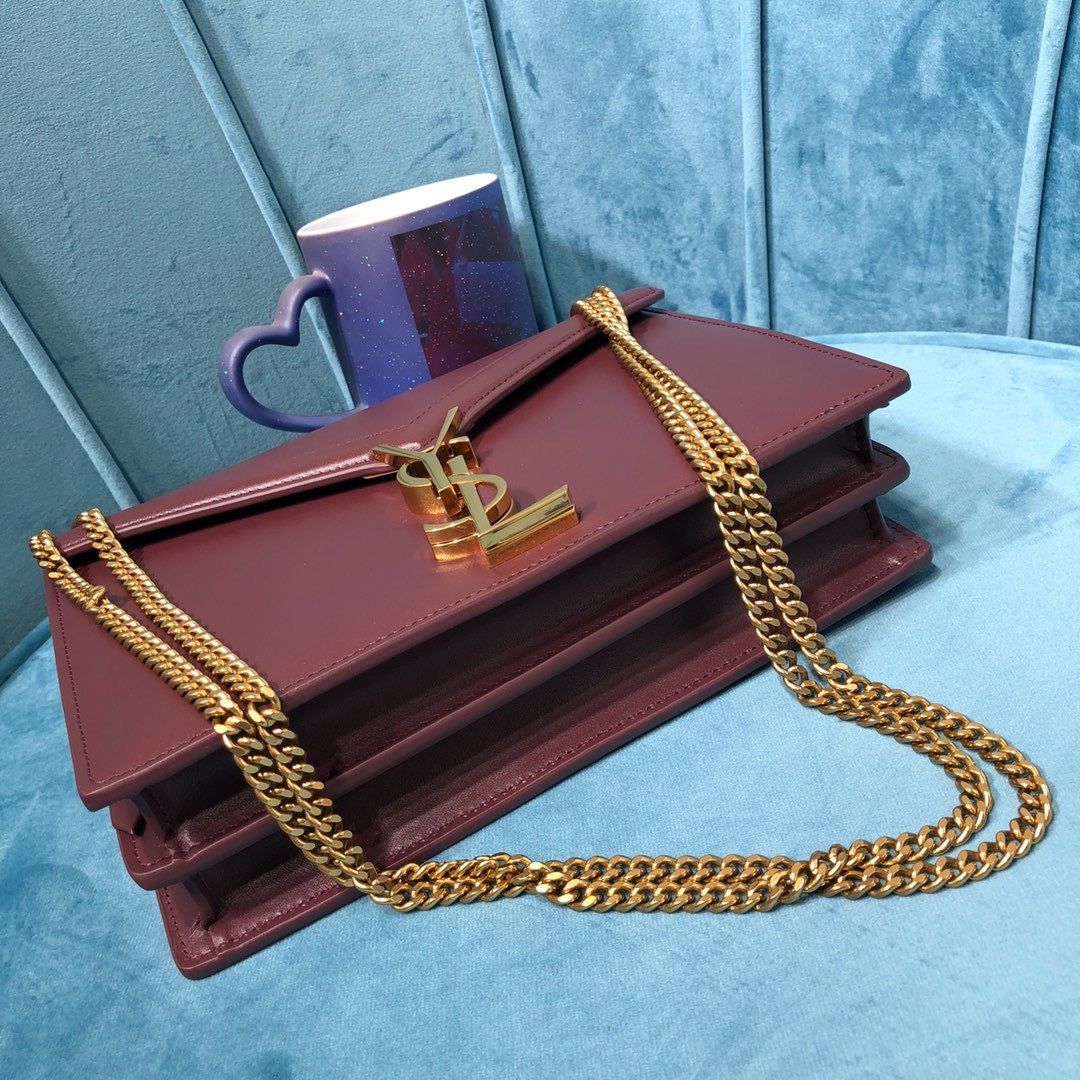 YSSL Cassandra Medium Chain Bag Burgundy For Women 8.7in/22cm YSL 532750BOW0W6008