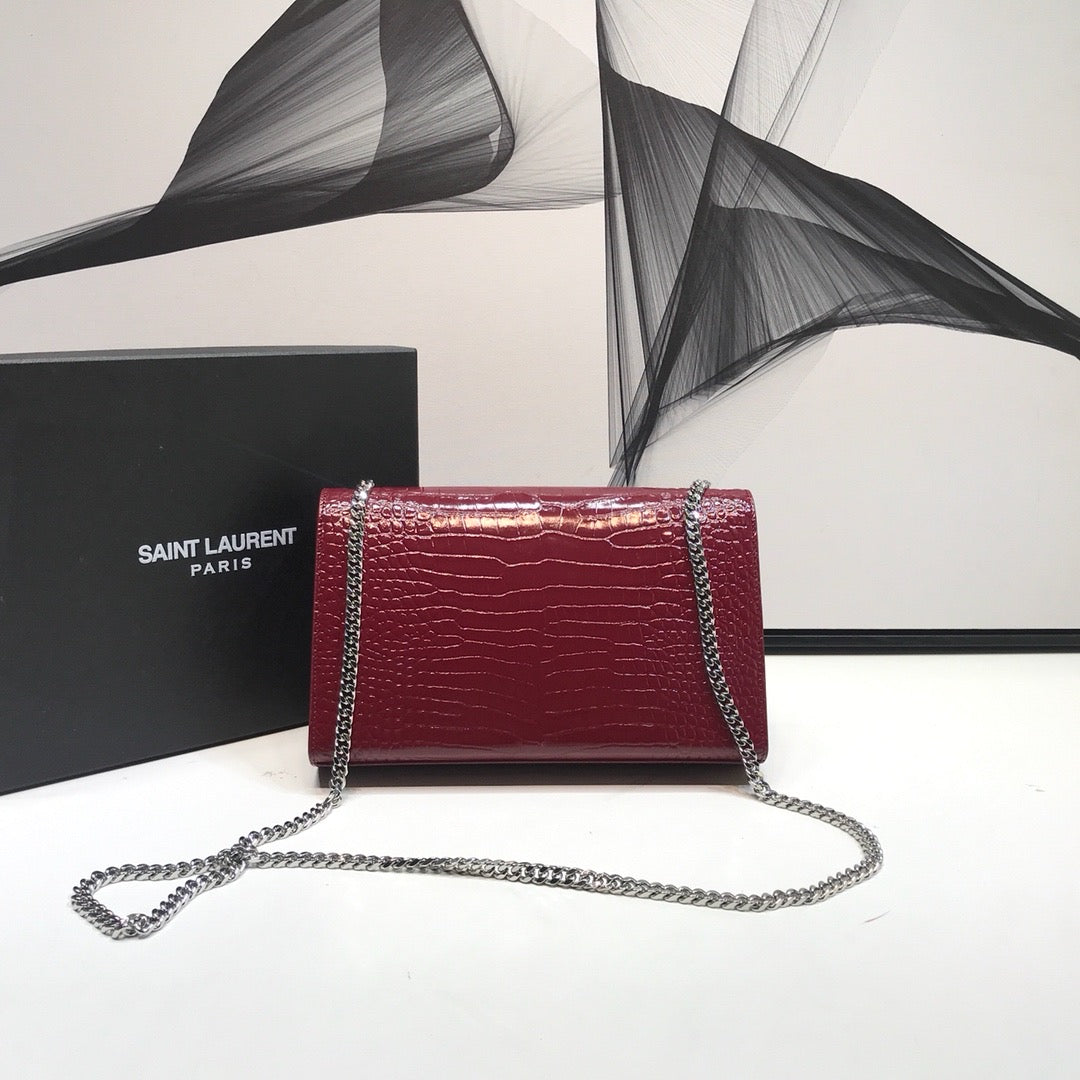 YSSL Kate Medium Chain Bag With Tassel In Shiny-Embossed Burgundy For Women 9.4in/24cm 