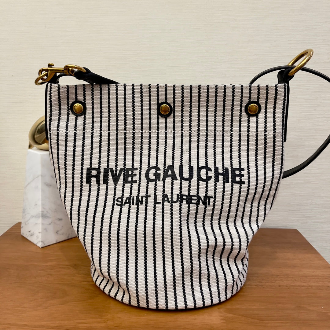 YSSL Rive Gauche Bucket Bag In Striped Canvas For Women 11.8in/30cm Black And White YSL 669299FAAE59583