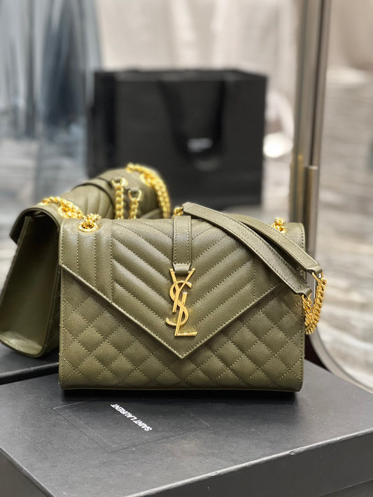 YSSL Envelope Medium Chain Bag Dark Green For Women, Women&#8217;s Bags 9.4in/24cm YSL